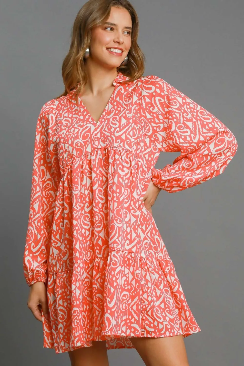 Full Size Two Tone Print Balloon Sleeve Tiered Dress Plus Size