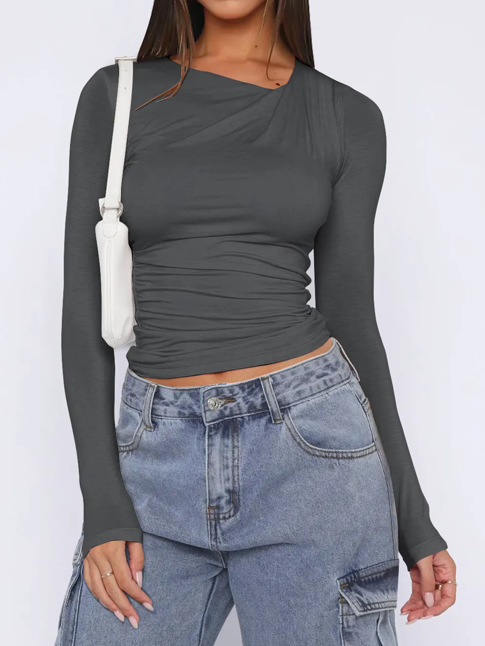Ruched Asymmetrical Neck Long Sleeve T-Shirt, image 15