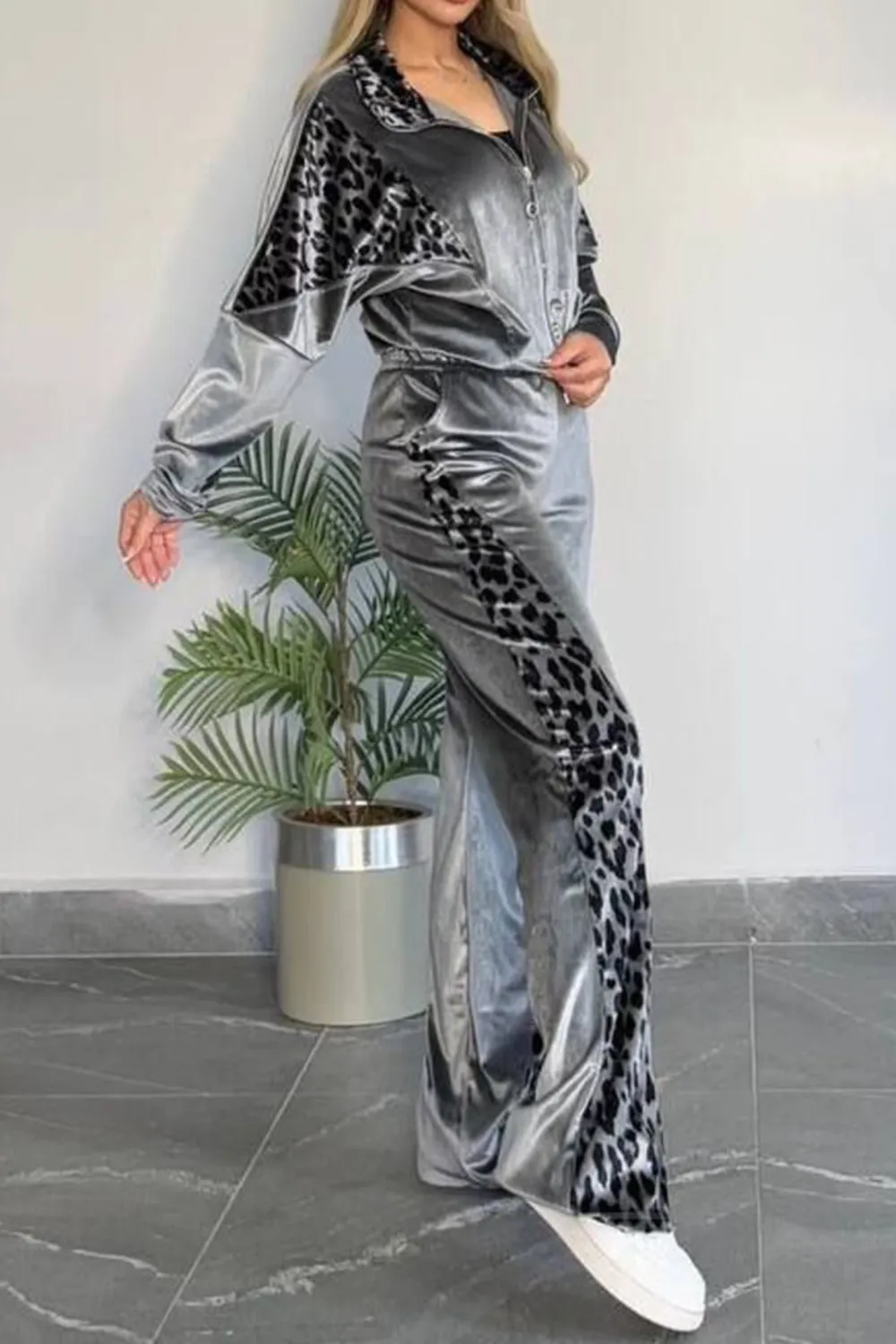 Full Size Collared Neck Leopard Zip Up Top and Pants Set Plus Size, image 9