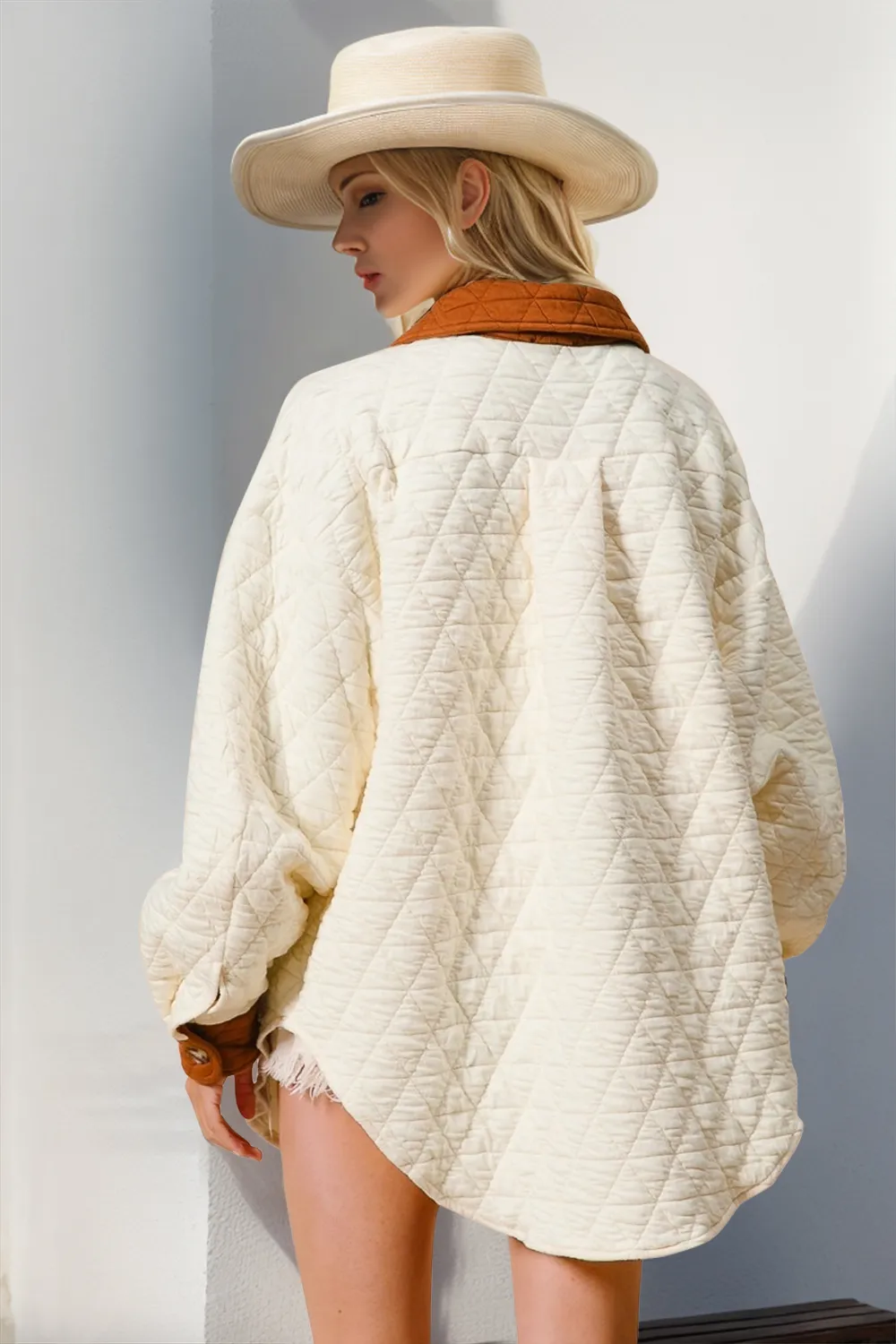 Full Size Contrast Button Up Quilted Shacket, image 2
