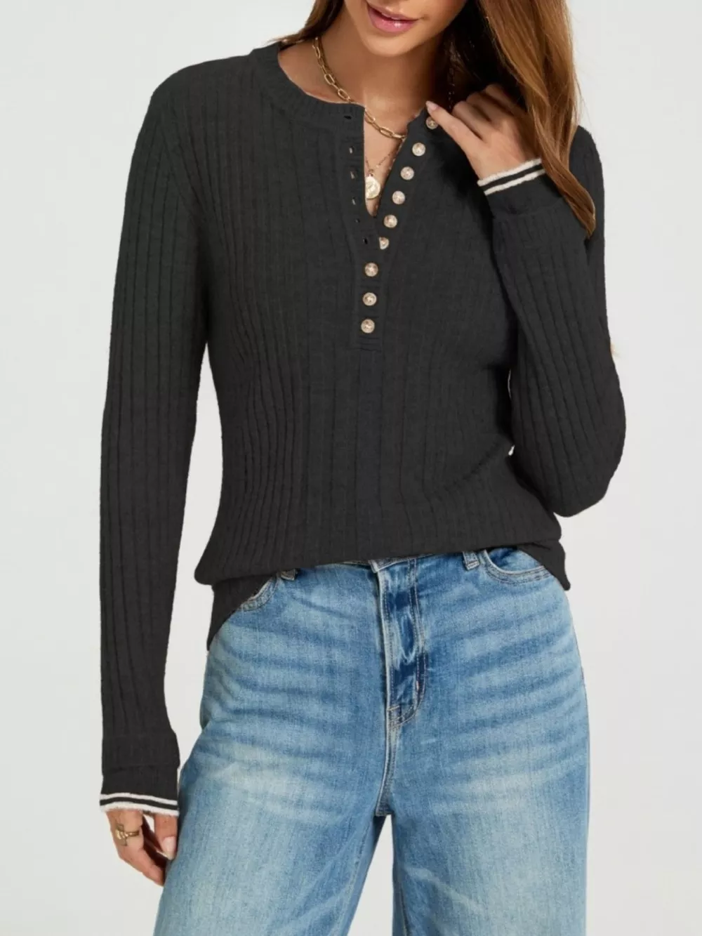 Button Detail Ribbed Knit Top, image 4
