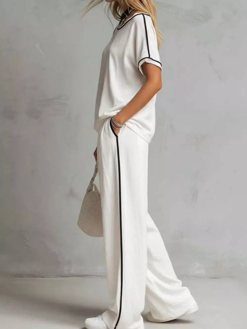 Contrast Trim Round Neck Top and Pants Set, image 2