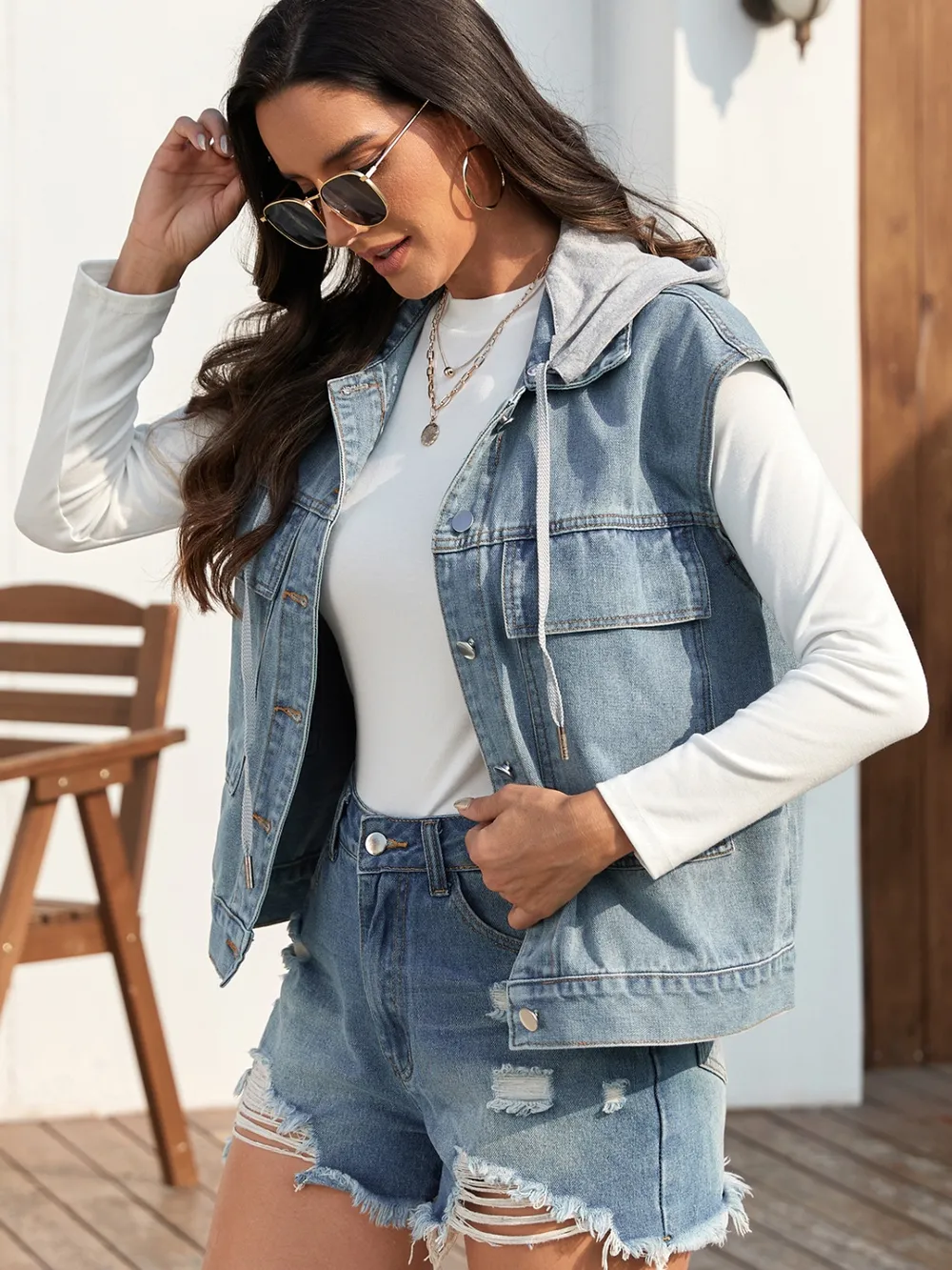 Drawstring Button Up Sleeveless Denim Jacket, image 7