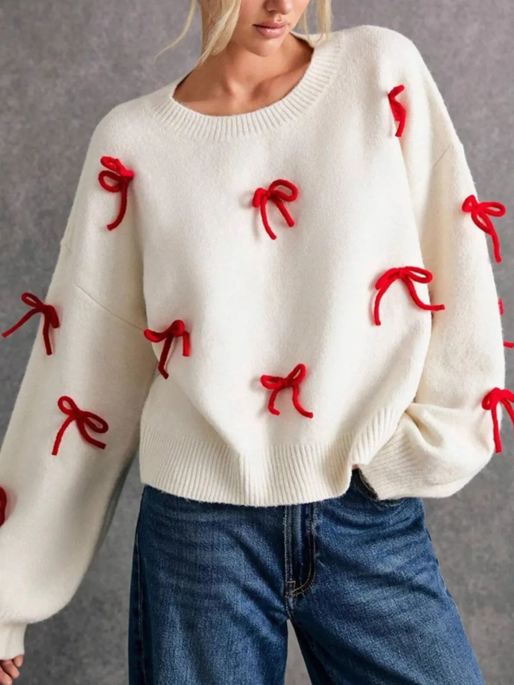 Bow Contrast Round Neck Long Sleeve Sweater, image 4