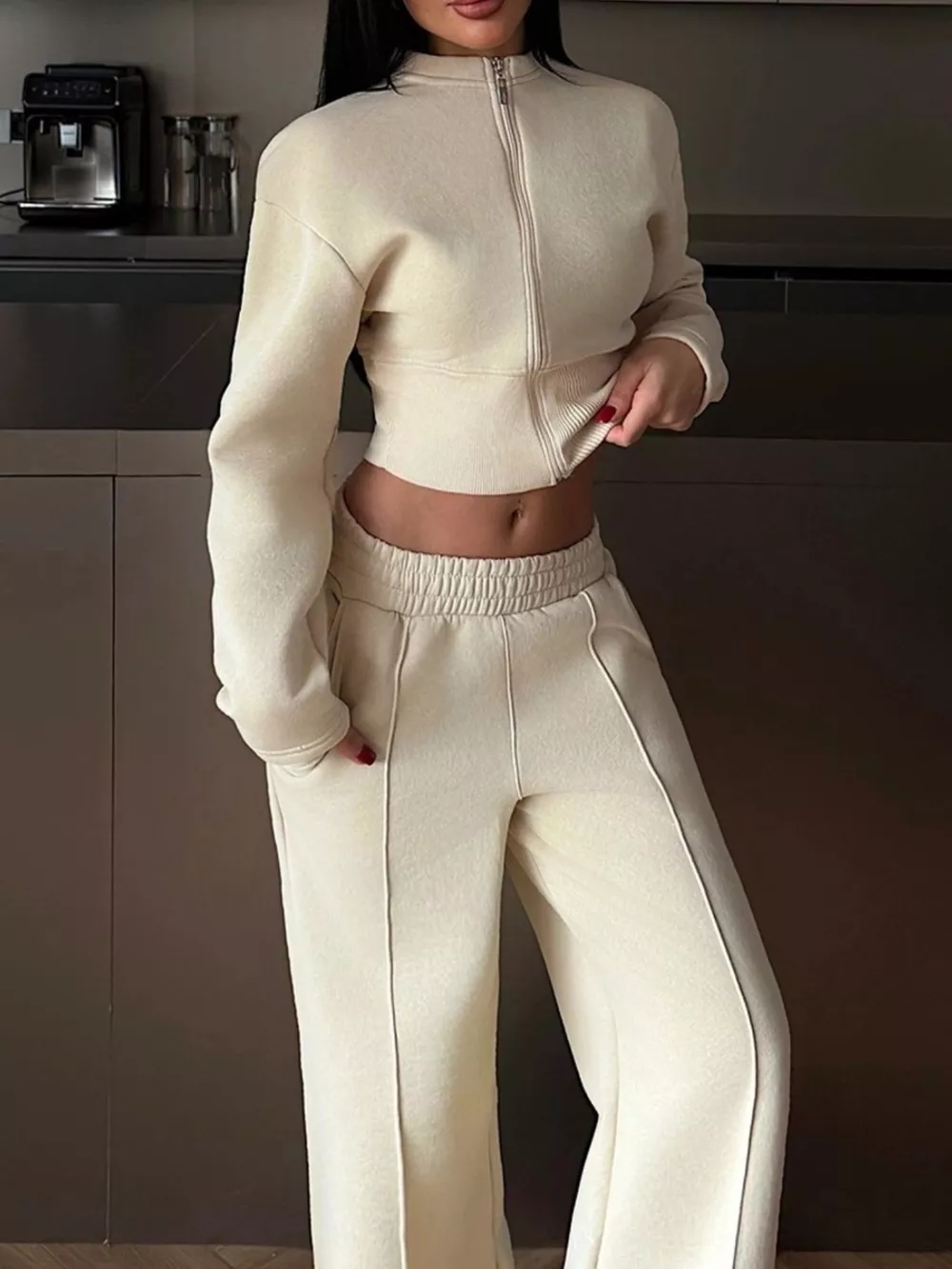 Zip-Up Crop Jacket and Wide-Leg Pants Set, image 3
