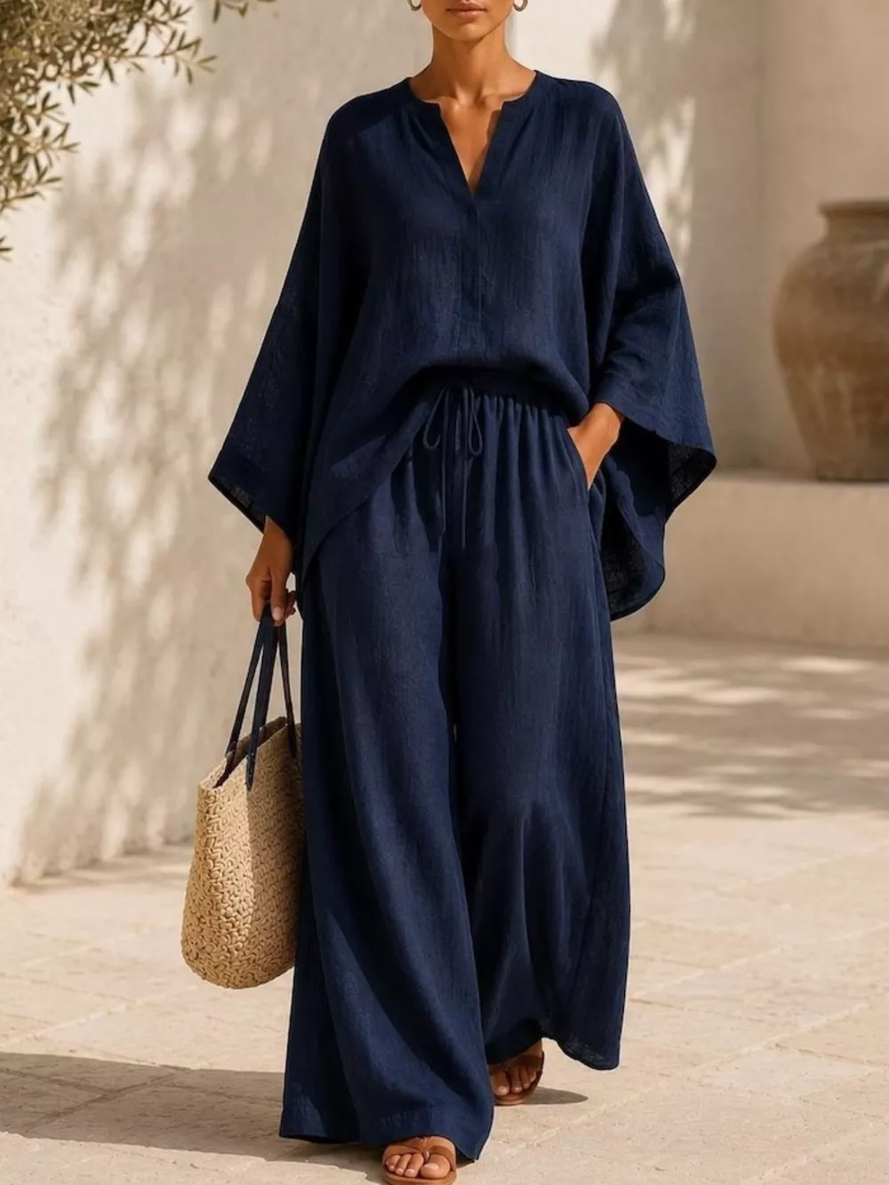 Full Size Notched Long Sleeve Top and Wide-Leg Pants Set Plus Size, image 7