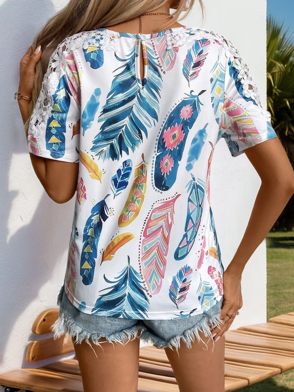 Printed Round Neck Lace Short Sleeve Top, image 4