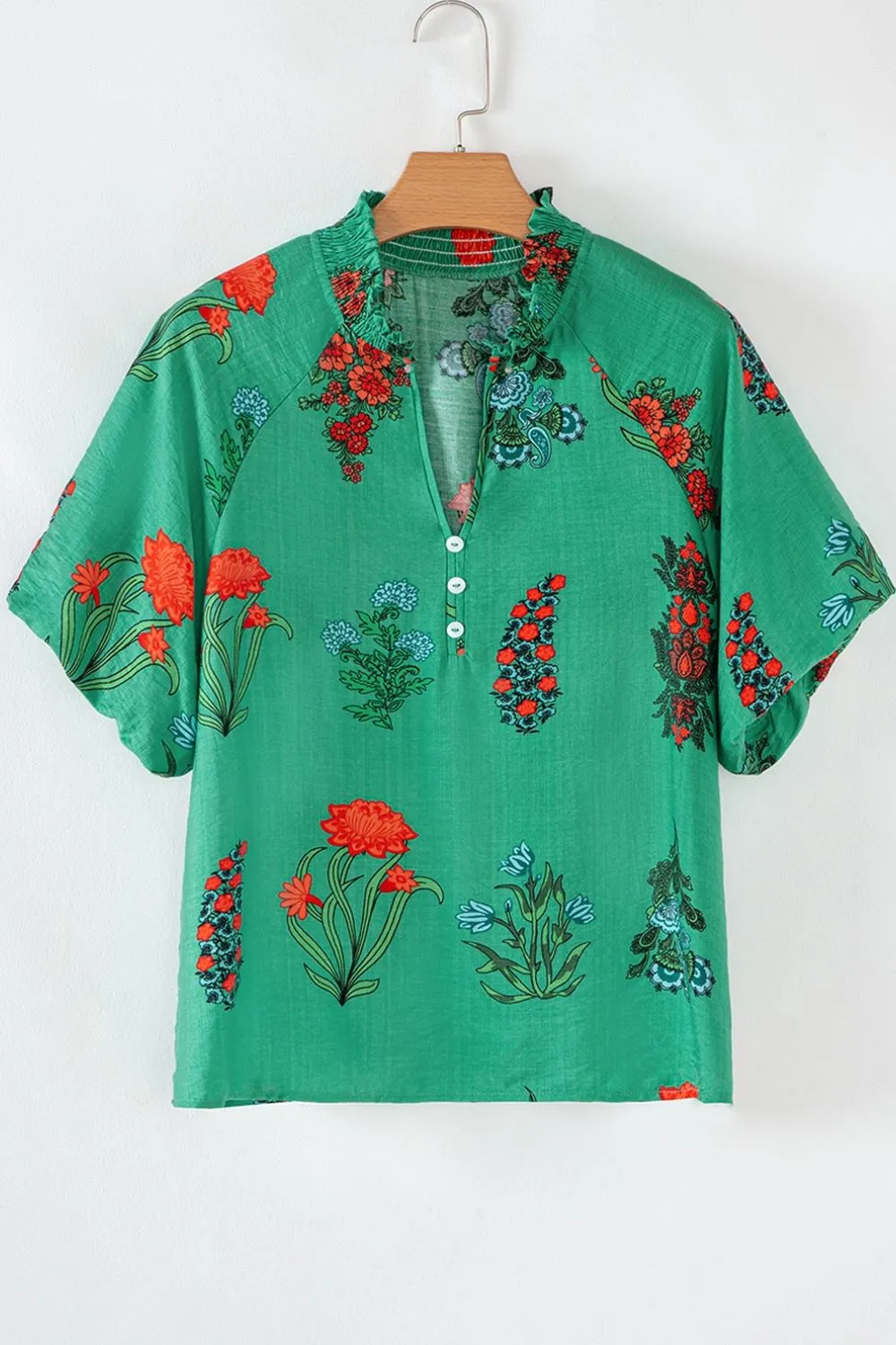 Floral Print Notched Short Sleeve Blouse, image 6