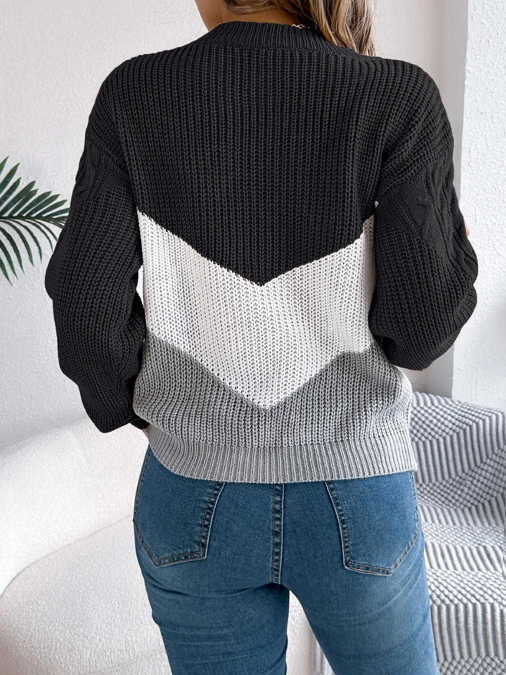 Cable-Knit Color Block Round Neck Sweater, image 8
