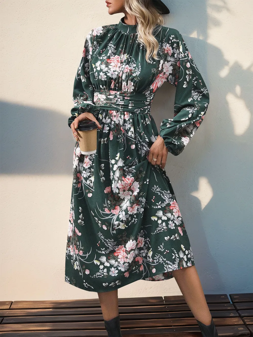 Ruched Printed Mock Neck Long Sleeve Midi Dress, image 3