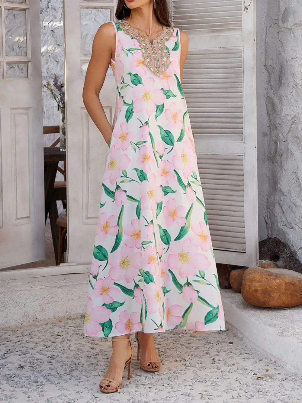 Printed Sleeveless Maxi Dress, image 7