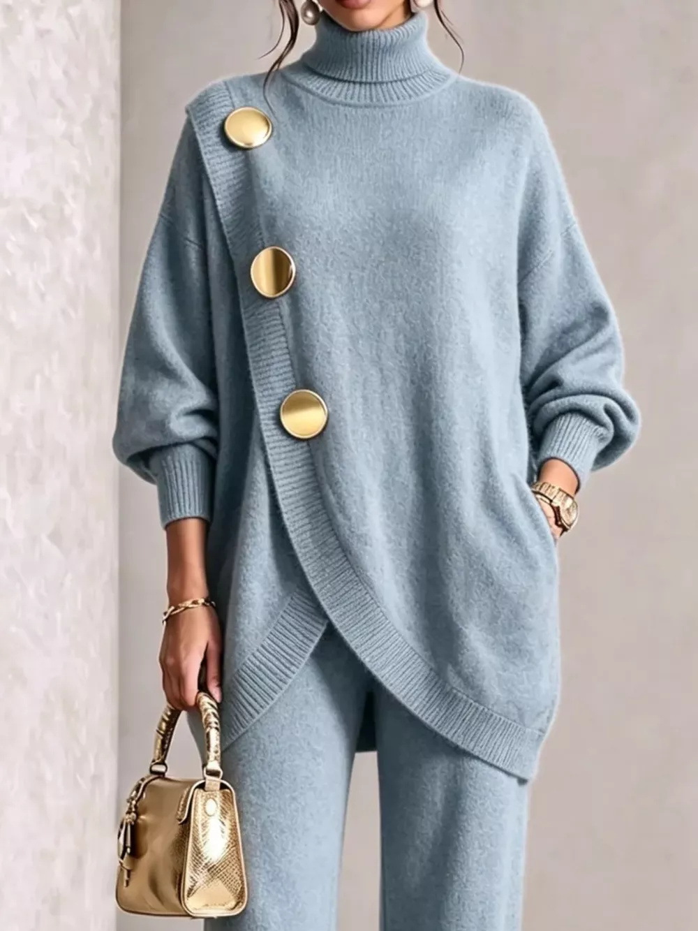 Gold Button Accent Turtleneck Sweater and Pants Set, image 6