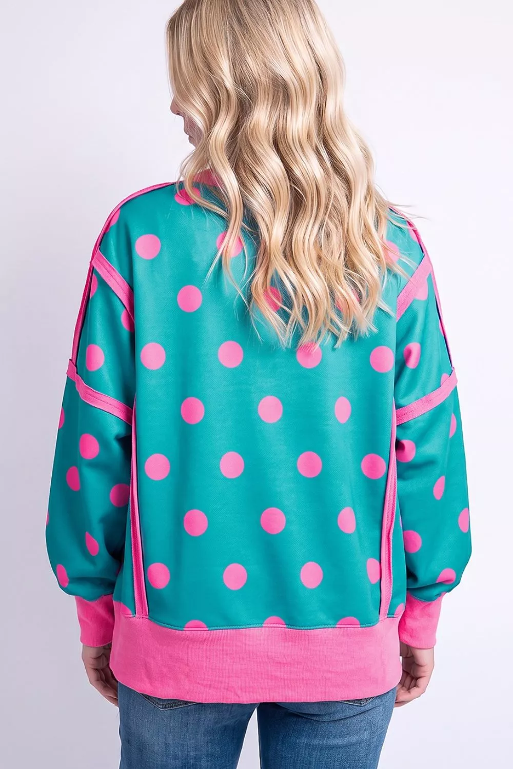 Polka Dot Contrast Patchwork Round Neck Baggy Sweatshirt, image 2