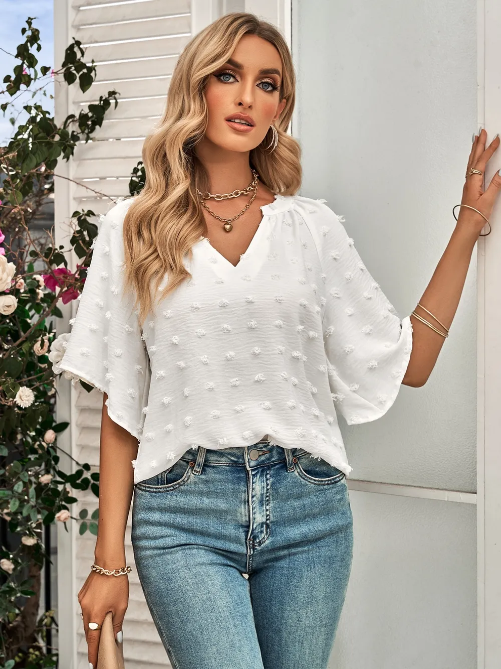 Swiss Dot Notched Half Se Blouse, image 9