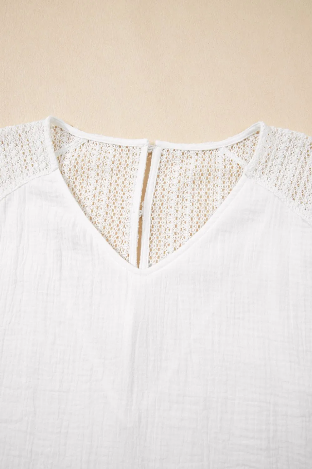 Lace Crochet Textured Button Back V Neck T Shirt, image 7