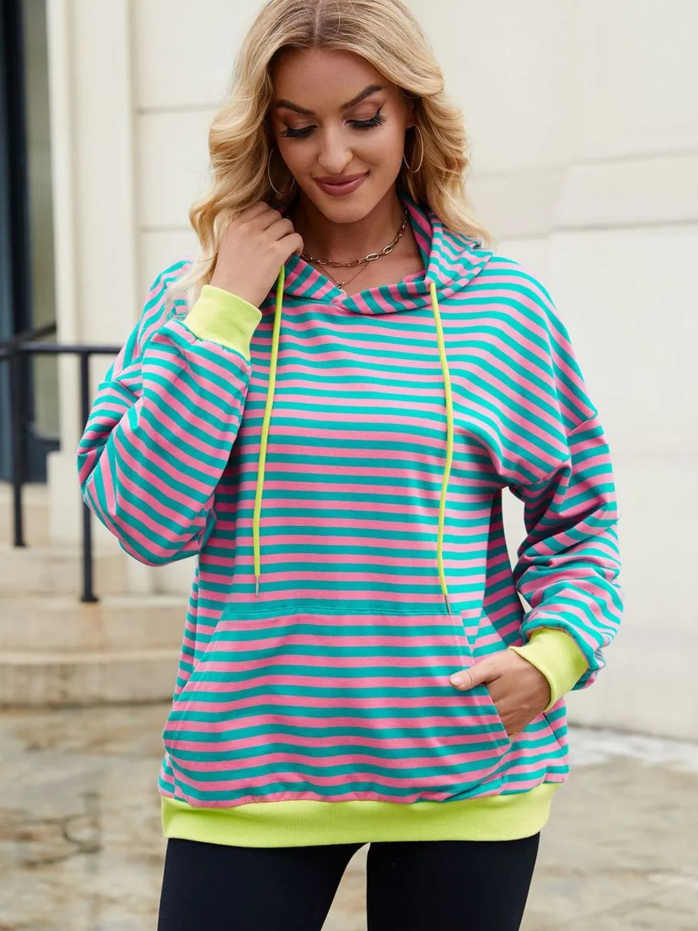 Drawstring Contrast Striped Long Sleeve Hoodie, image 9