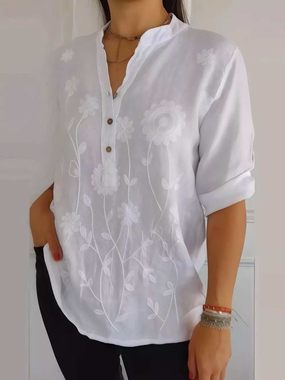 Full Size Floral Embroidered Button Detail Blouse Plus Size, image 5
