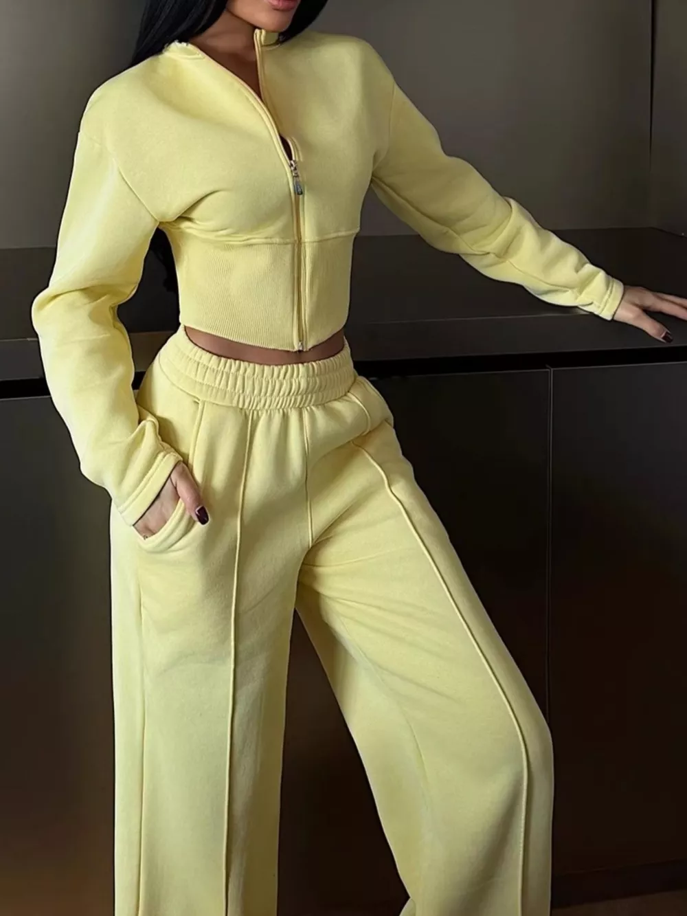 Zip-Up Crop Jacket and Wide-Leg Pants Set, image 23