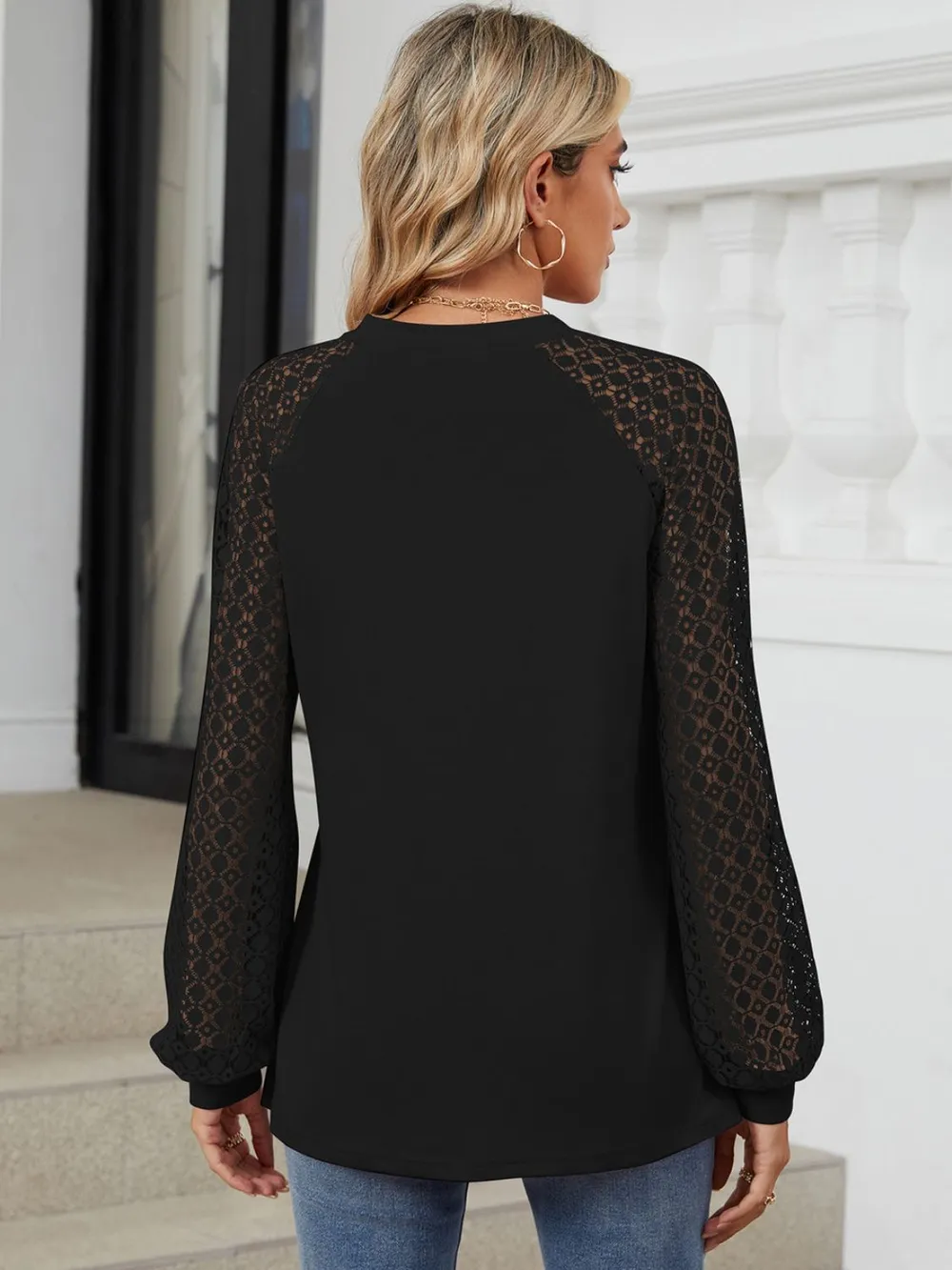 Round Neck Lace Long Sleeve Top, image 12