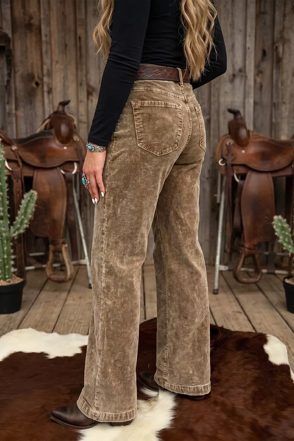 Straight Leg Corduroy Metal Button Zip-up Pants, image 2
