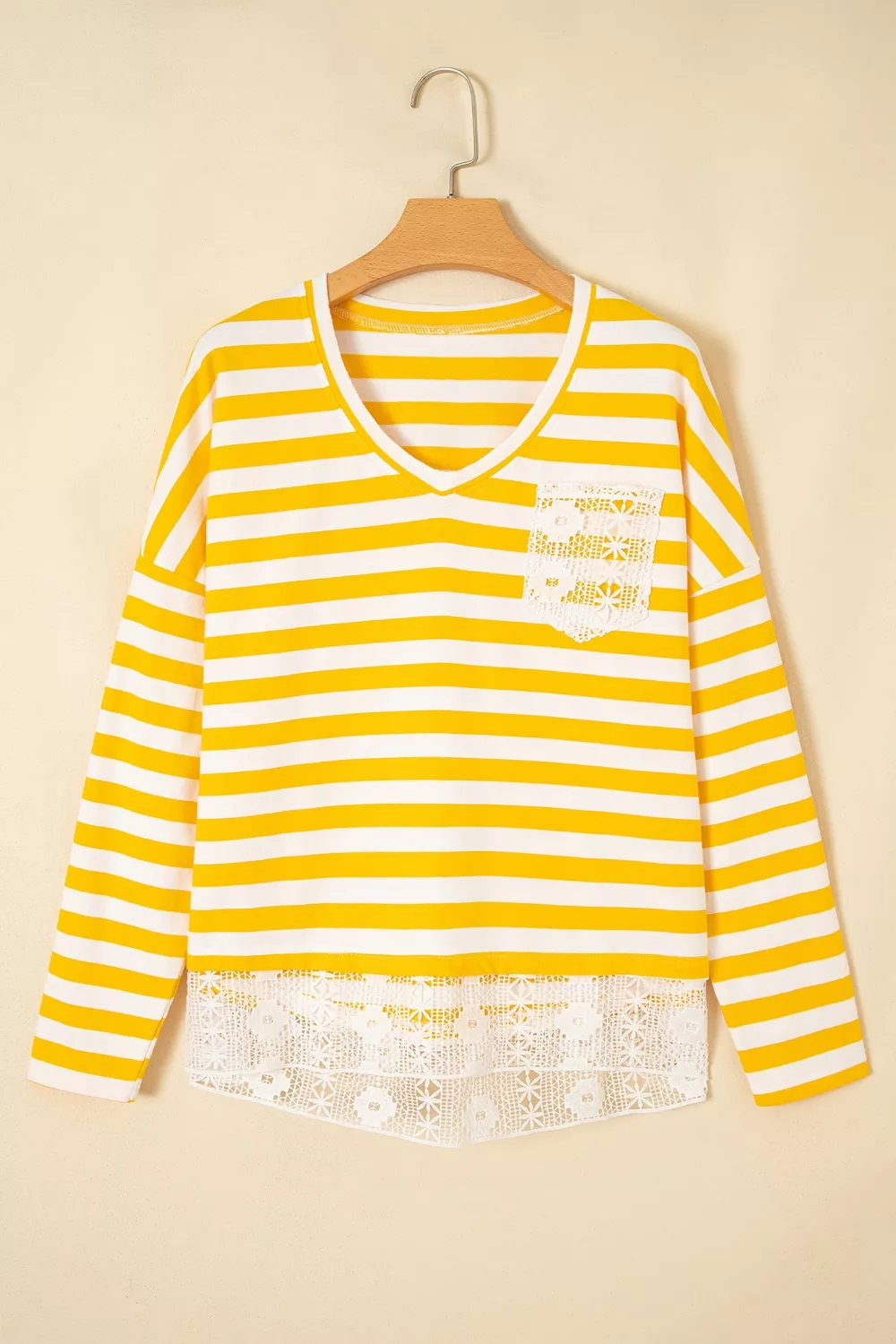 Stripe Striped Lace Patchwork V Neck Long Sleeve Top, image 3