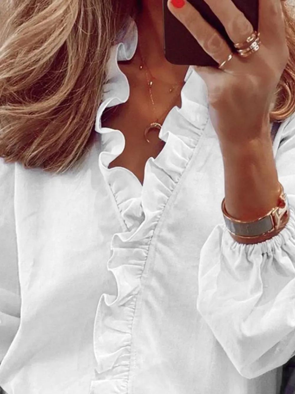 Ruffled V-Neck Long Sleeve Blouse, image 16