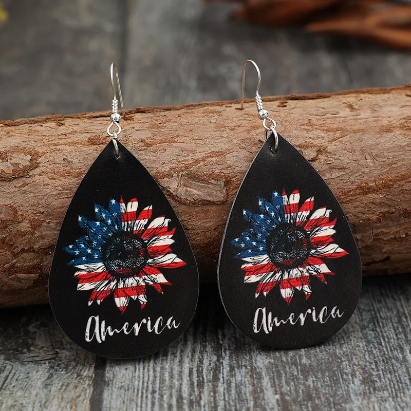PU Leather Sunflower Teardrop Shape Earrings, image 3