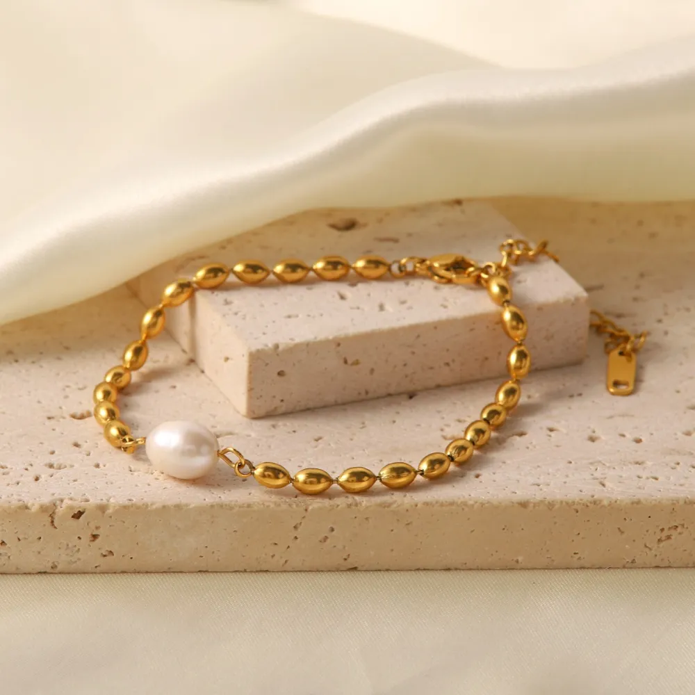 Pearl and Gold Chain Jewelry Set with Necklace and Bracelet, image 5