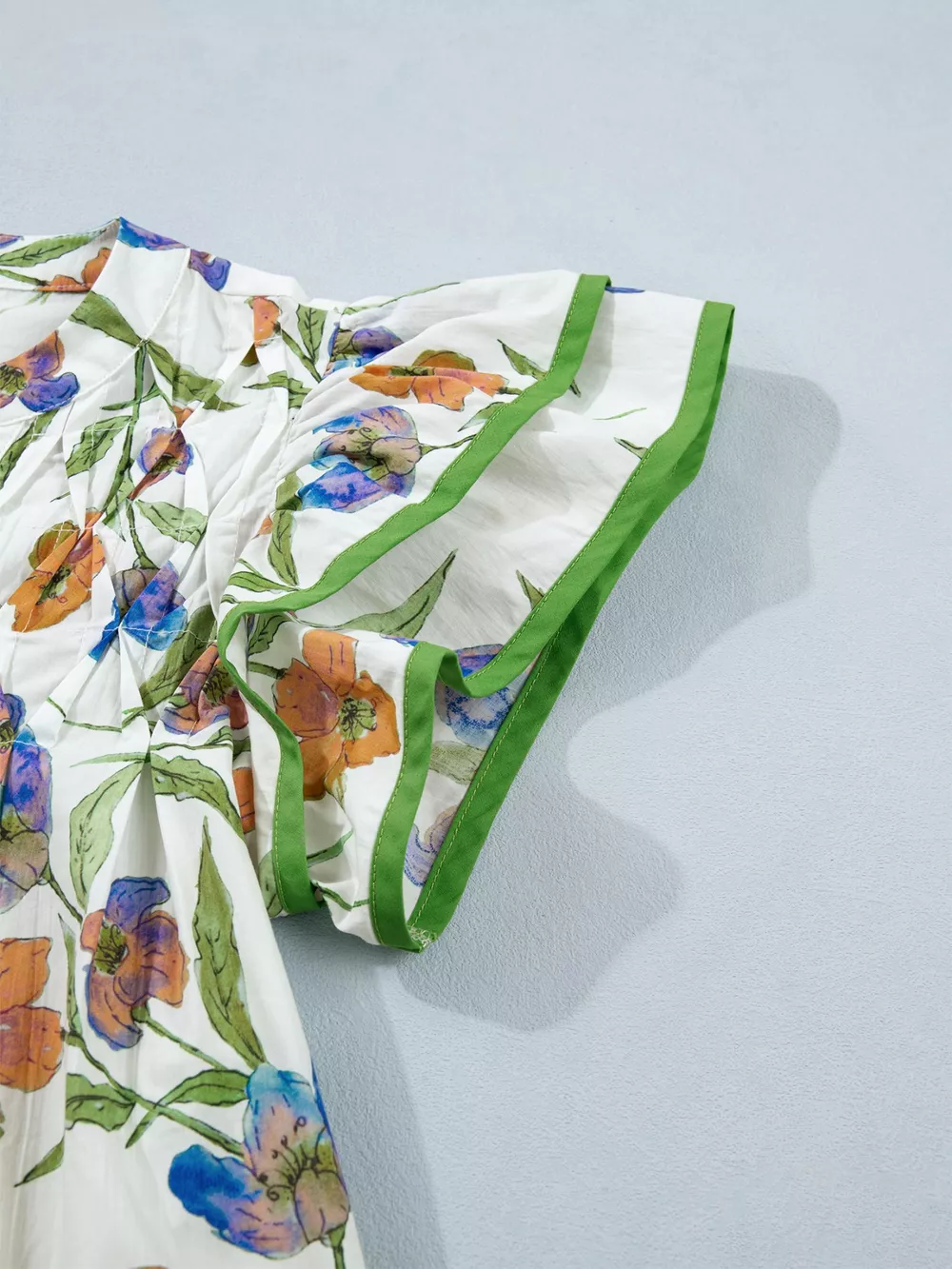 Floral Print Ruffle V-Neck Pressed Pleats Binding Tape Cotton Blouse, image 10