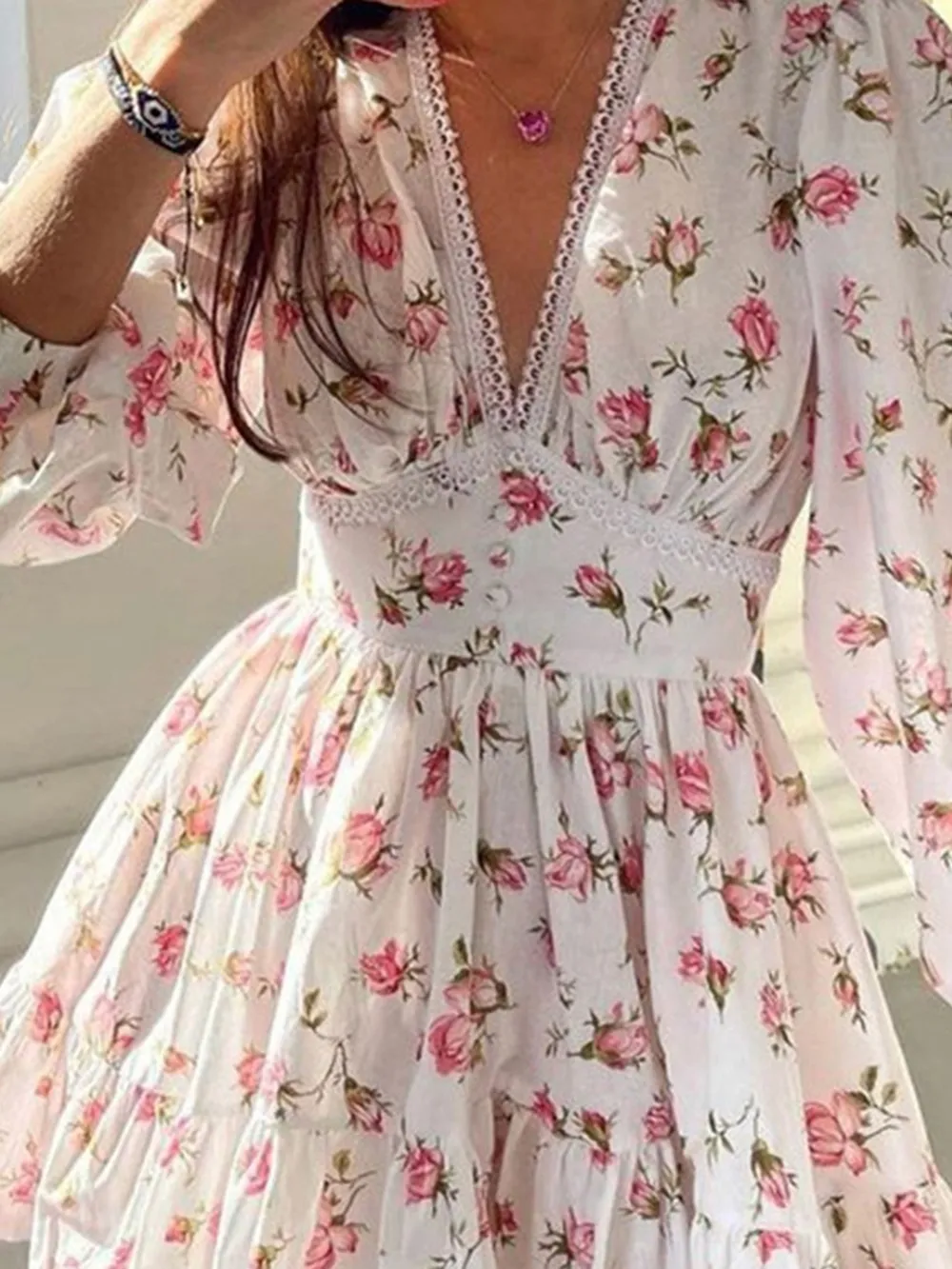 Lace Detail V-Neck Balloon Sleeve Dress, image 6