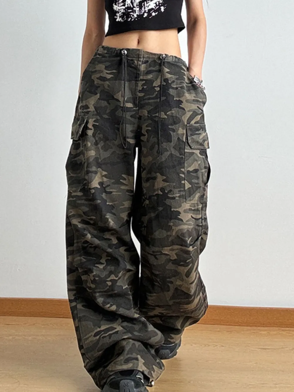 Drawstring Camouflage Cargo Wide Leg Jeans, image 5