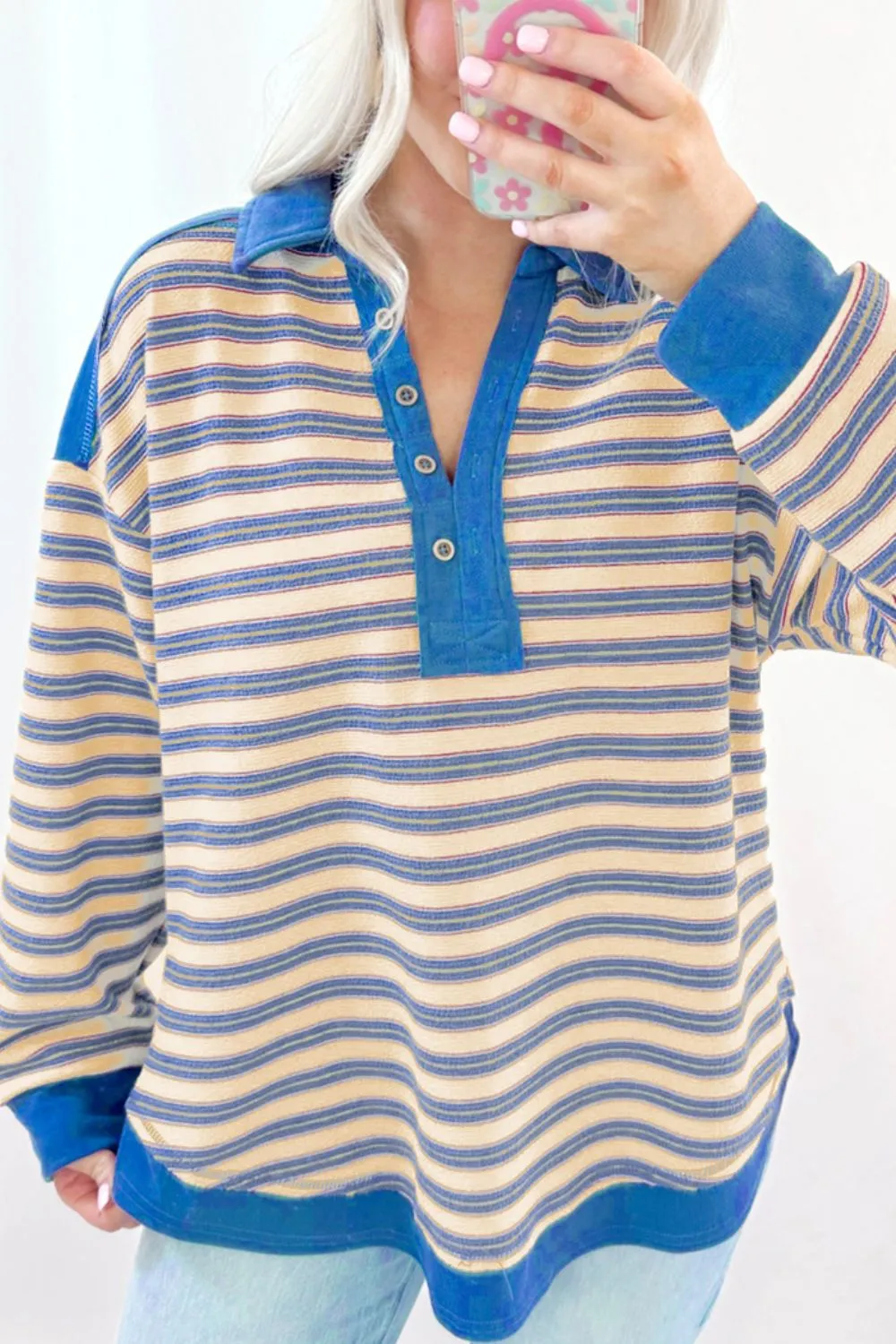 Striped Johnny Collar Long Sleeve Sweatshirt, image 13