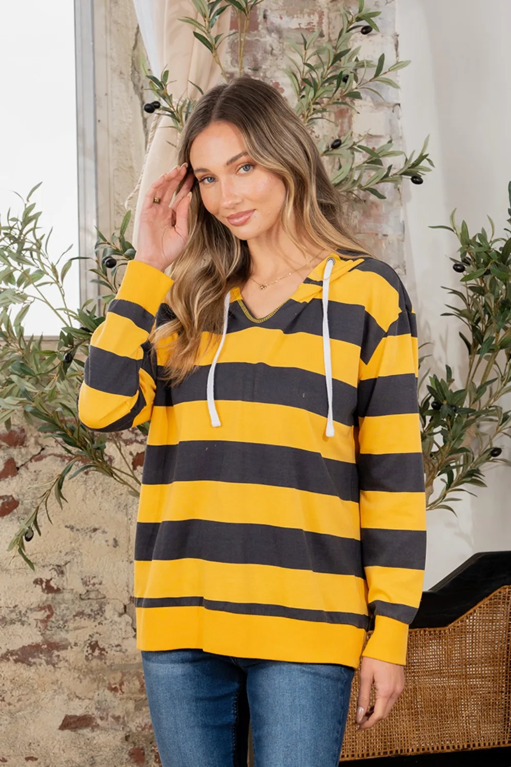Full Size Drawstring Striped Long Sleeve Hoodie, image 3