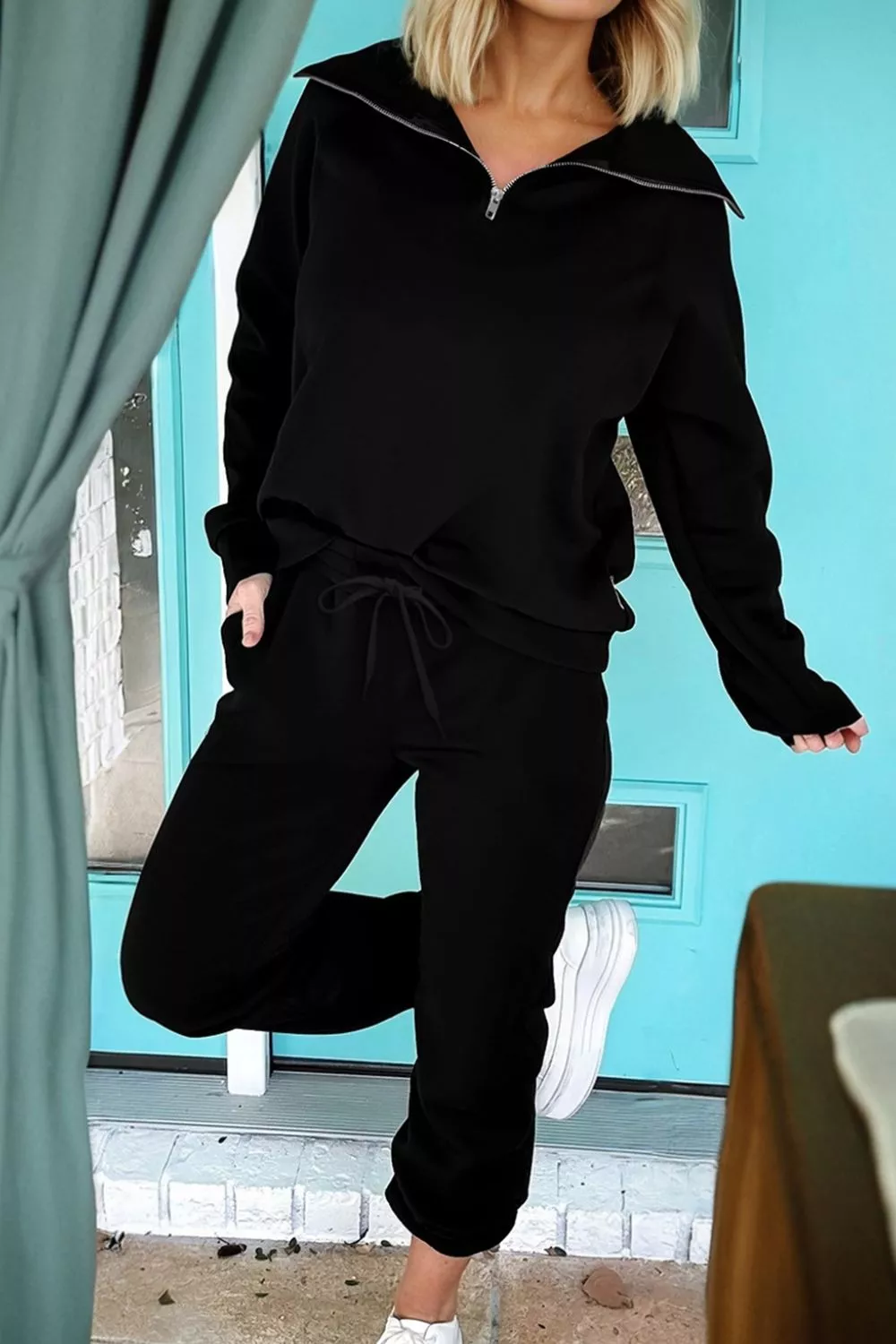 Relaxed Fit Zip Collar Top and Pants Set