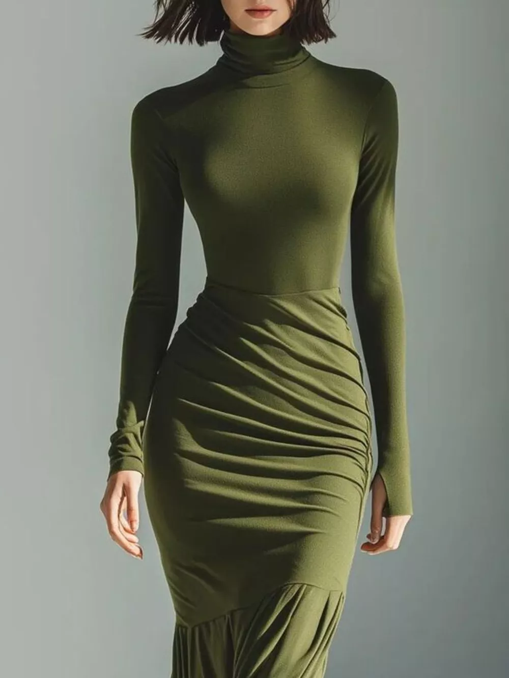 Full Size Slit Turtleneck Ruched Bodycon Mermaid Dress Plus Size, image 2