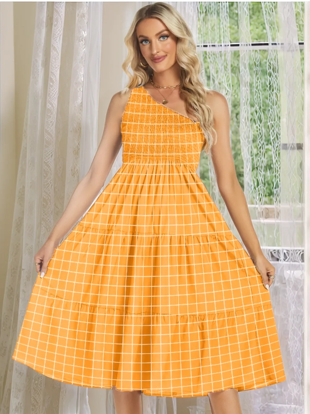 One-Shoulder Tiered Midi Dress with Smocked Bodice, image 6