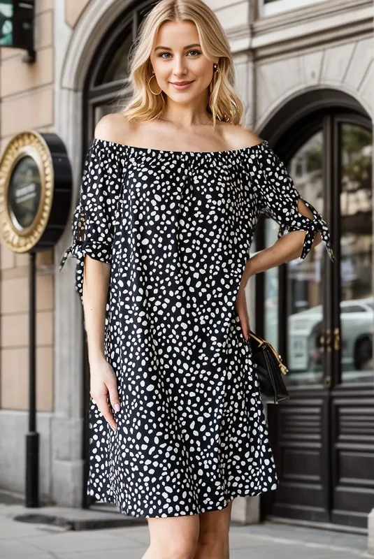 Full Size Short Sleeve Off Shoulder Animal Mini Dress Plus Size