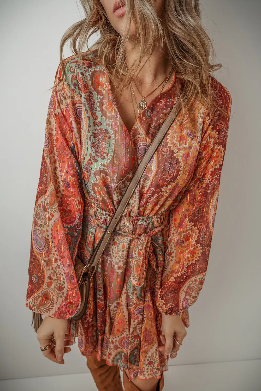 Tied Printed Balloon Sleeve Mini Dress, image 3
