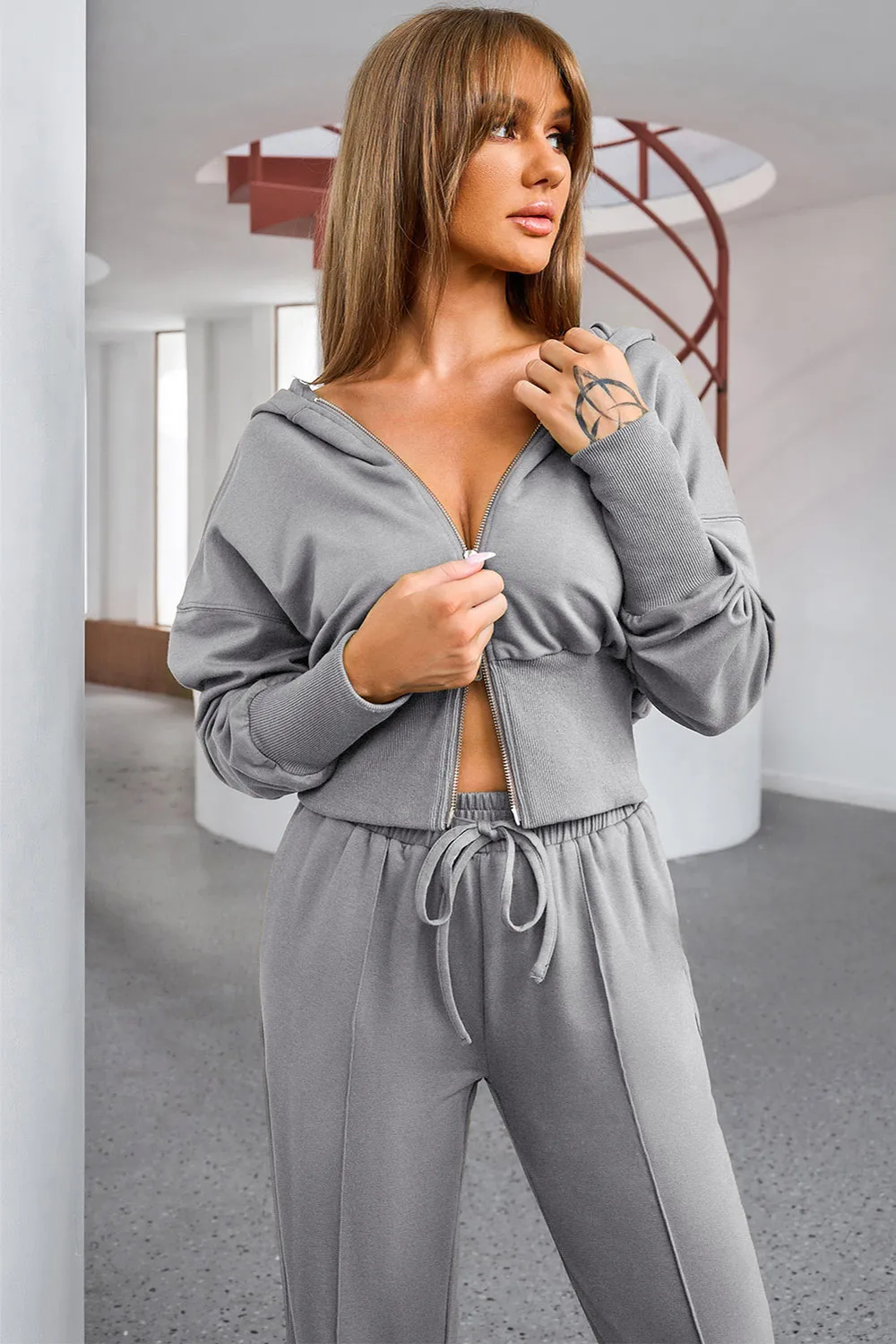 Dropped Shoulder Hoodie and Drawstring Pants Active Set, image 4