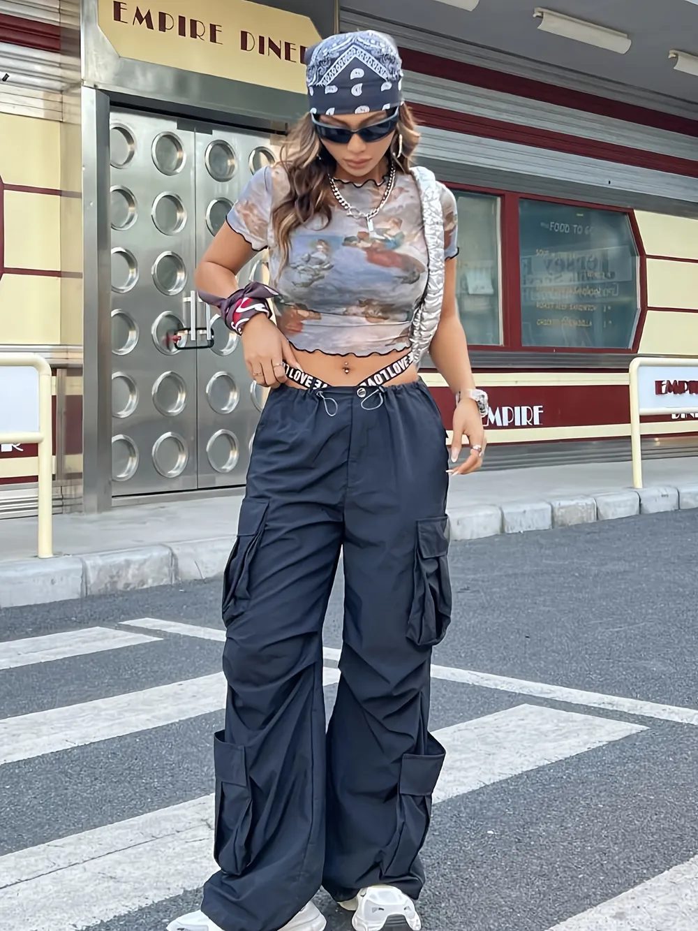Abstract Print Ruffled Mock Neck Crop T-Shirt, image 26