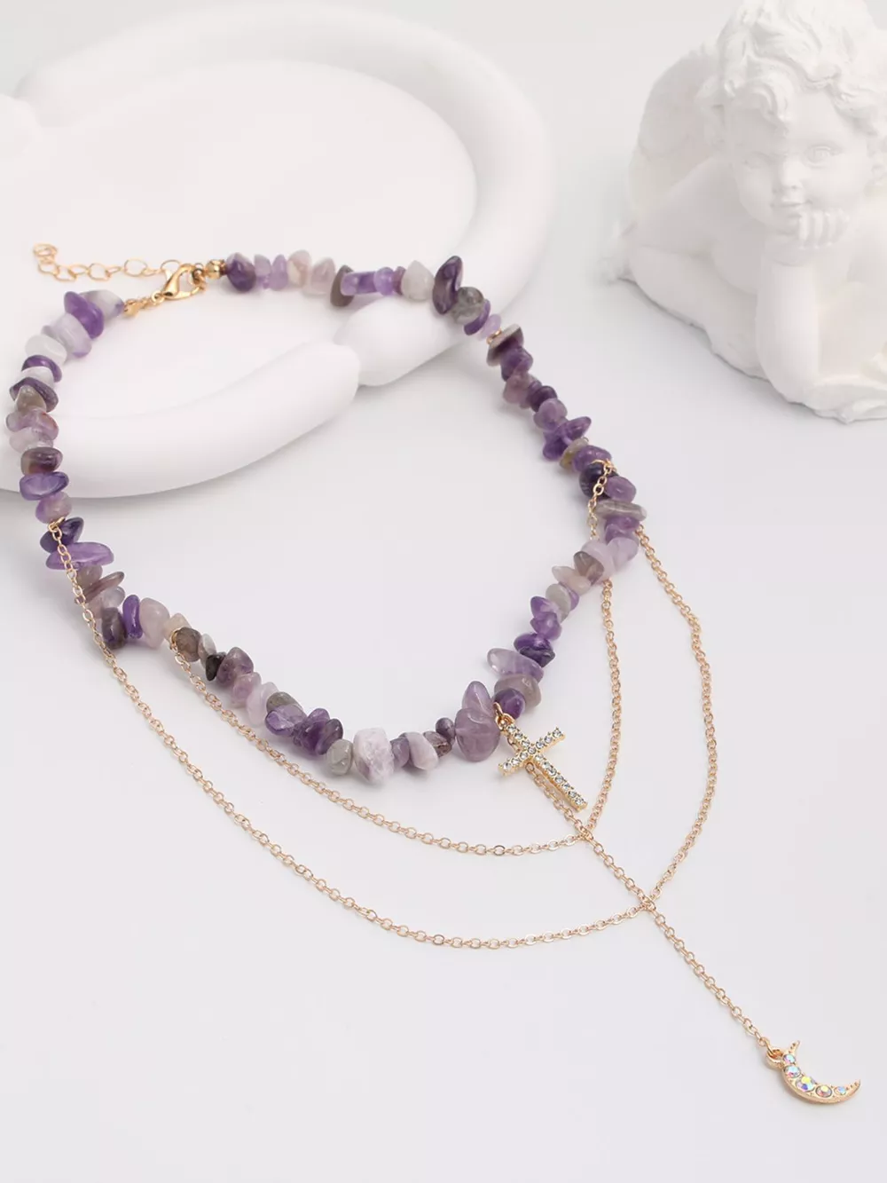 Layered Cross and Moon Pendant Necklace, image 5