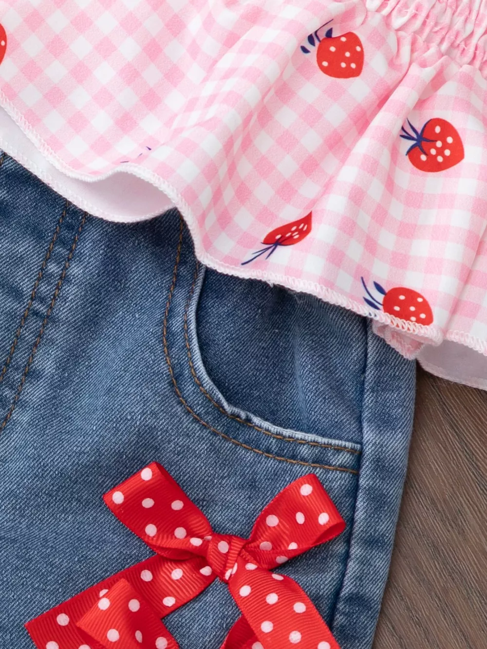 Children's Strawberry Gingham Smocked Top & Denim Shorts Set, image 3