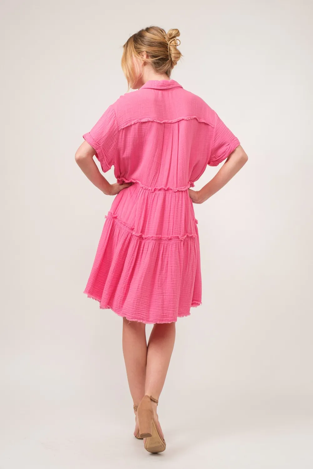Full Size Raw Edge Washed Tiered Shirt Dress, image 6