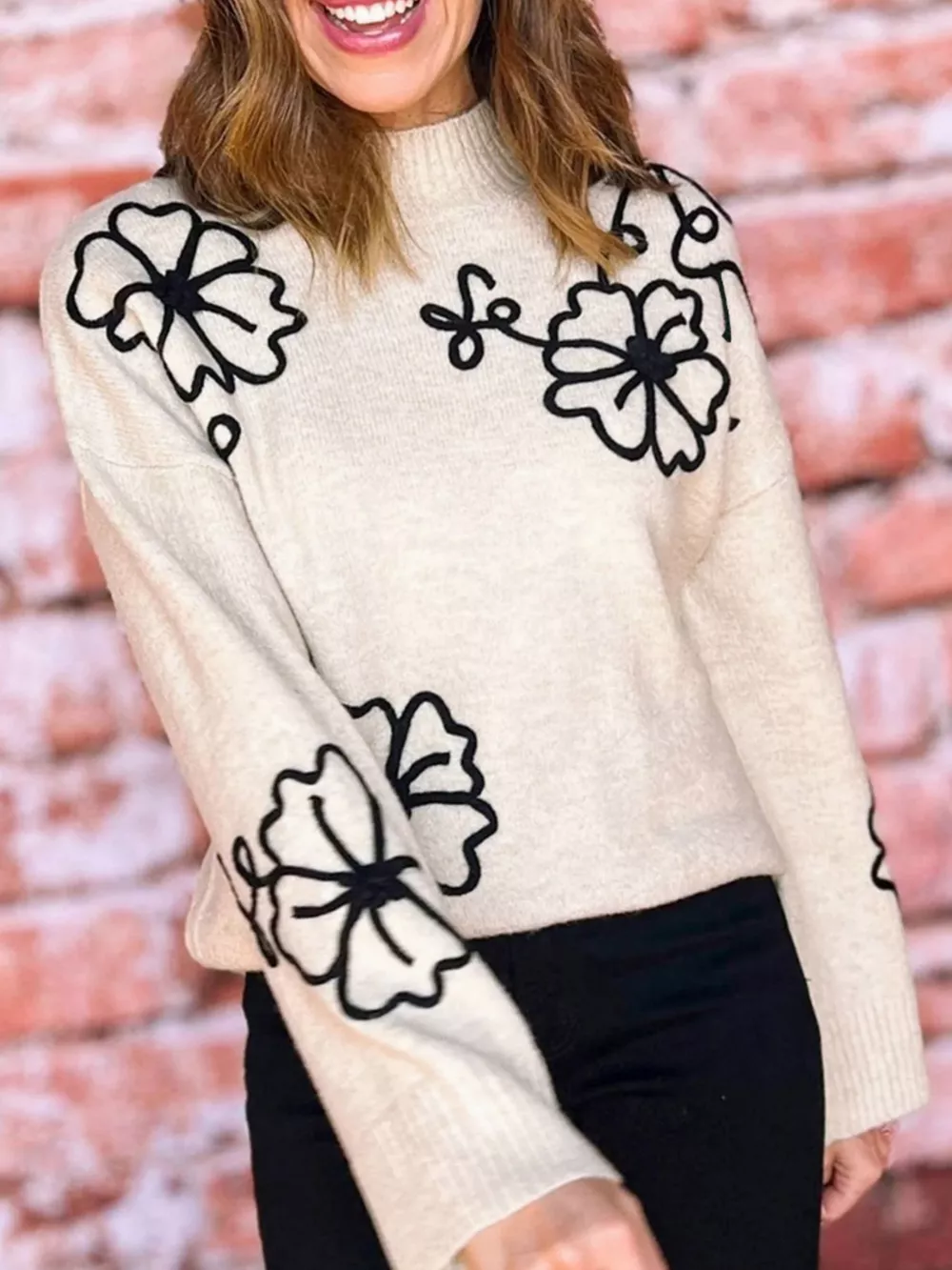 Flower Stitching Mock Neck Sweater, image 3