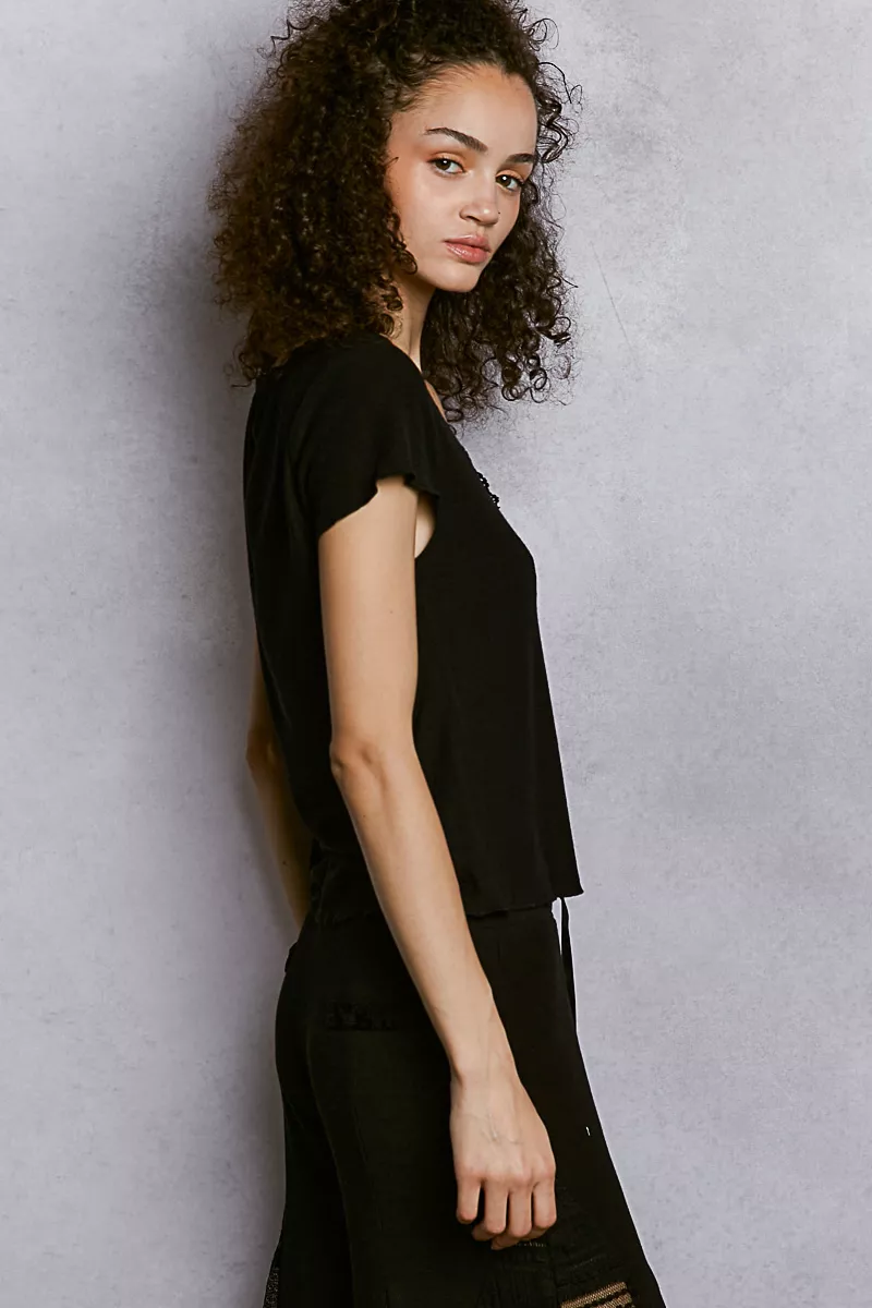 Round Neck Short Sleeve Crop T-Shirt with Lace Trim, image 3
