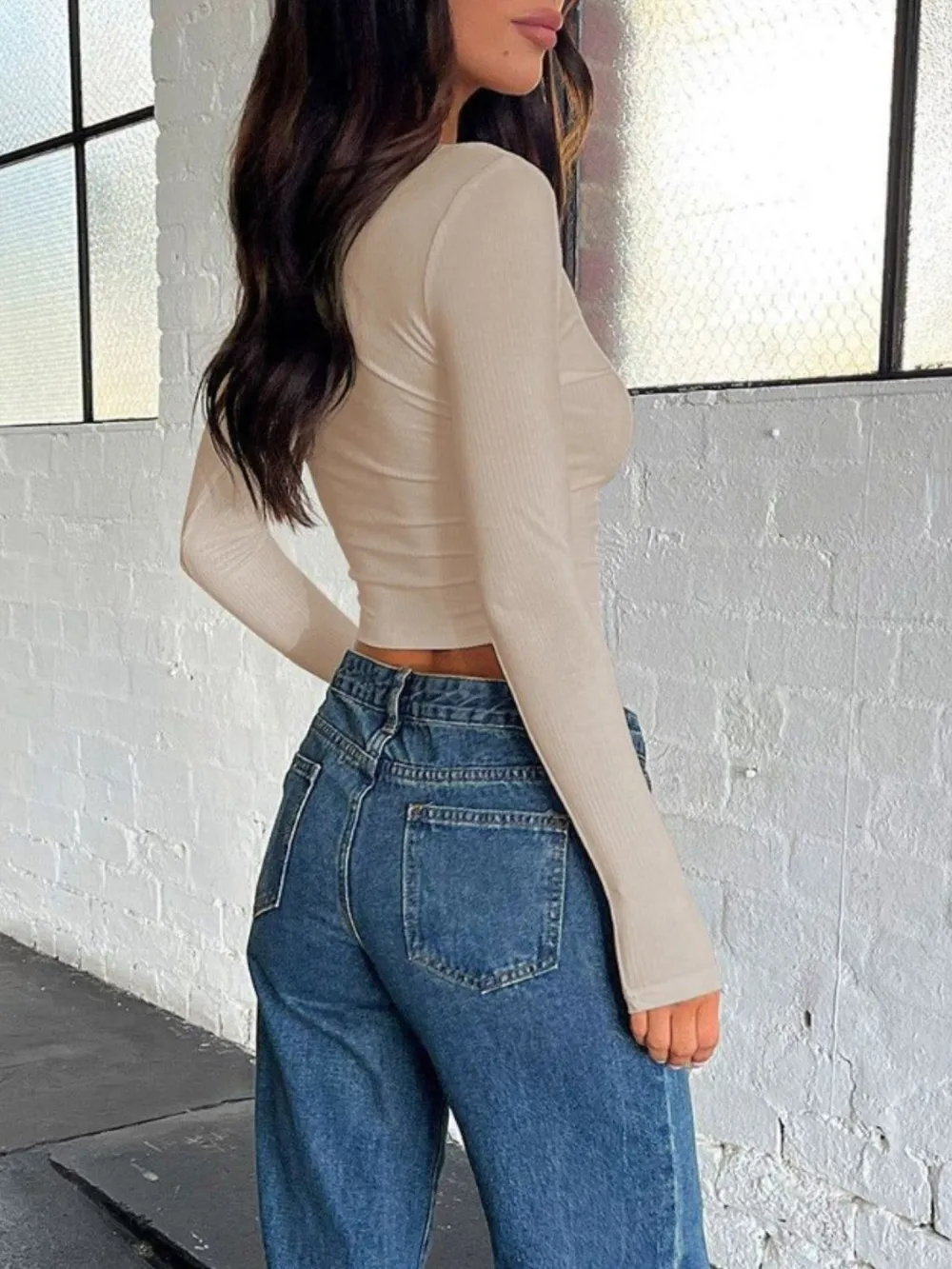 Buttoned V-Neck Long Sleeve T-Shirt, image 4