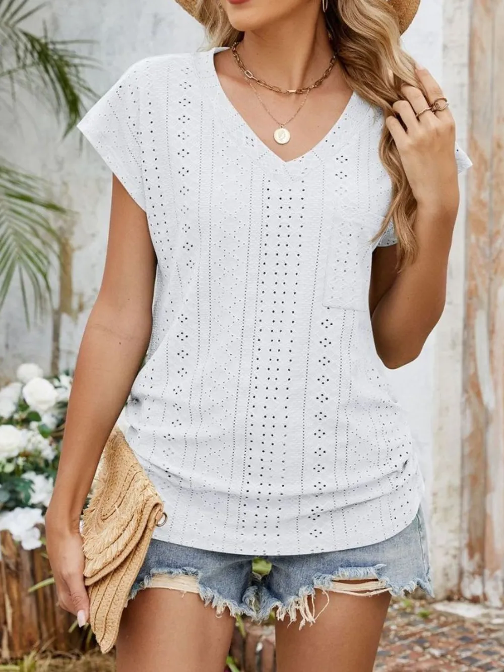 Eyelet V-Neck Short Sleeve Top, image 26