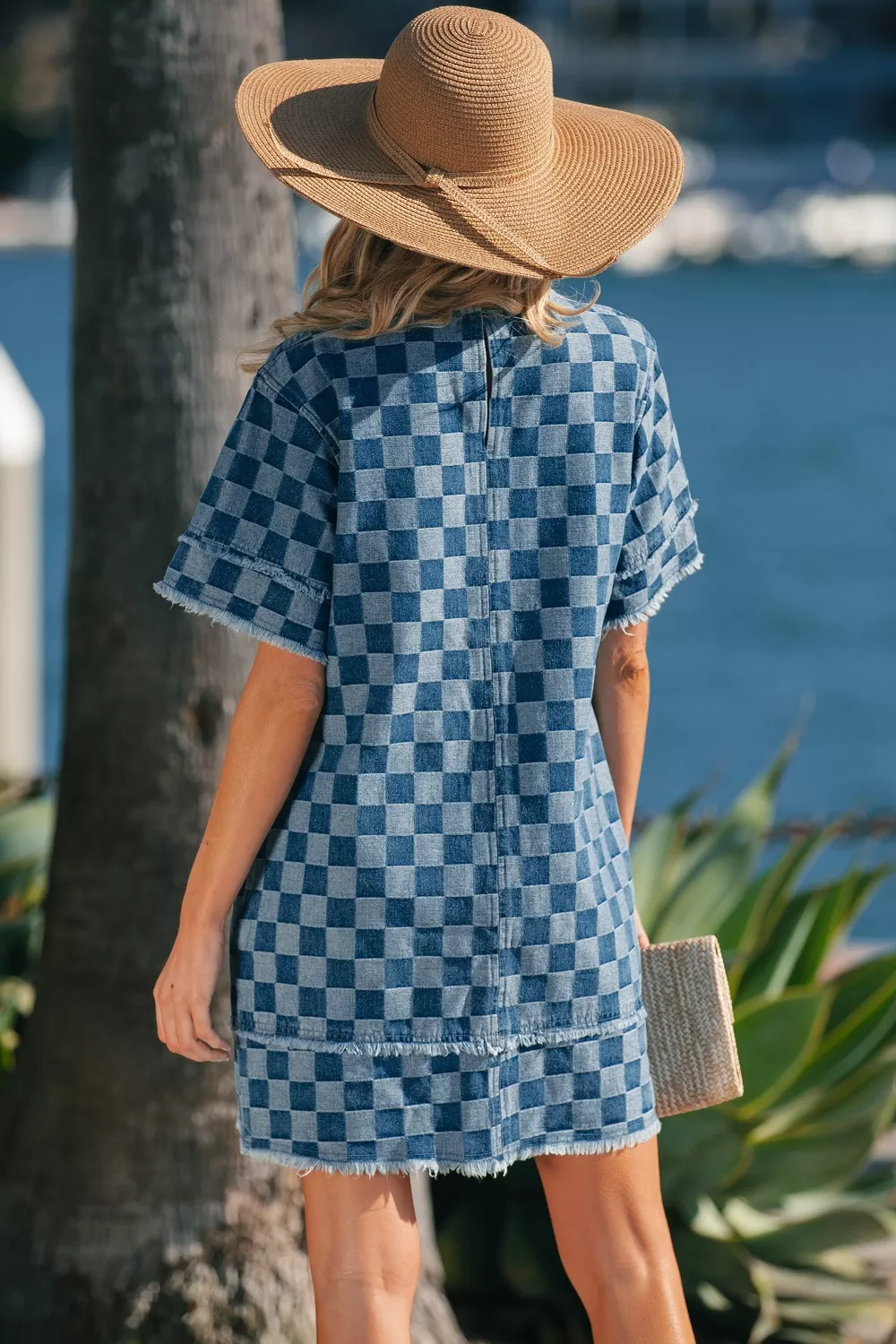 Frayed Hem Checkered Denim Mini Dress, image 2