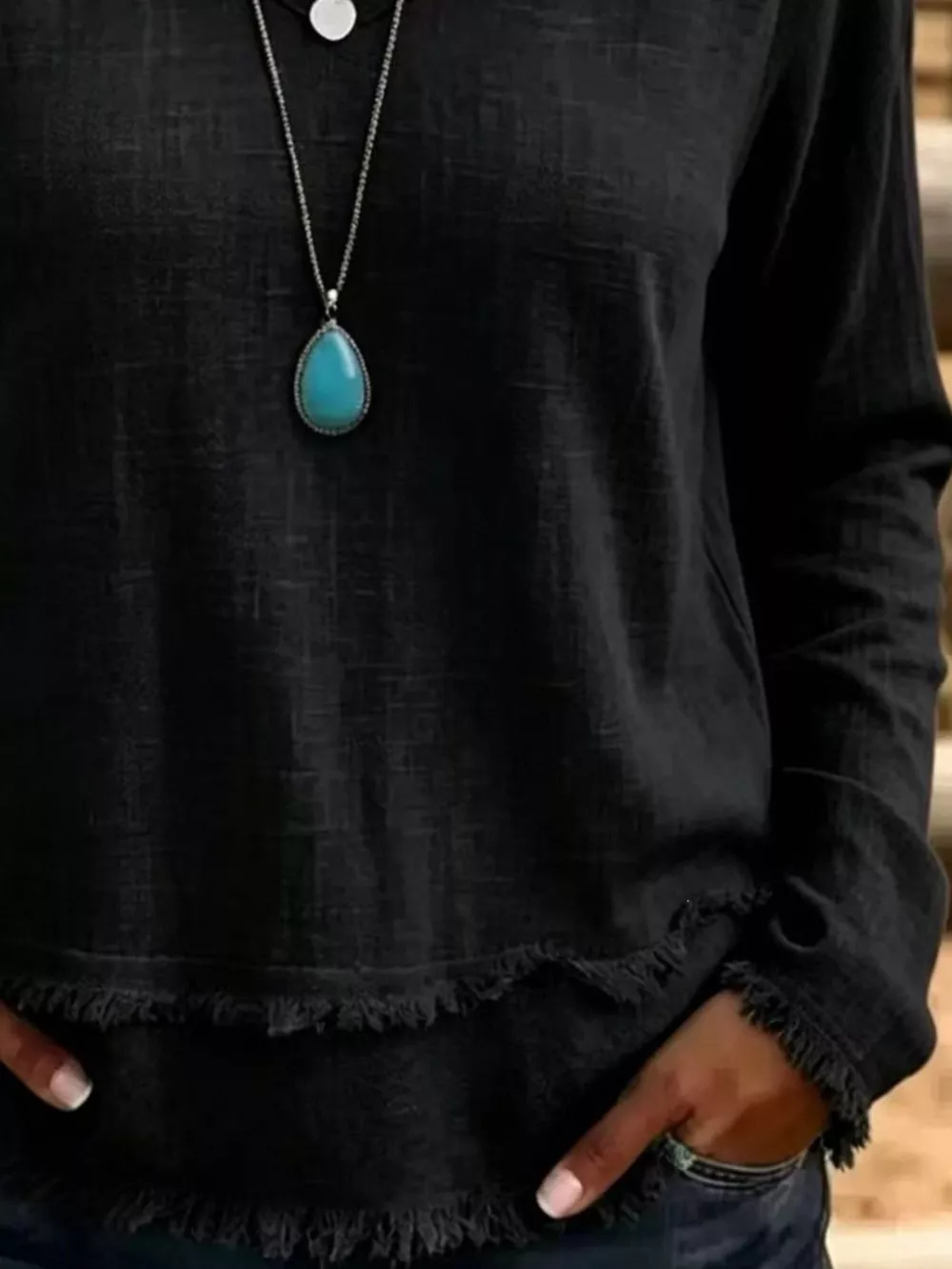 V-Neck Frayed Hem Long Sleeve T-Shirt, image 9