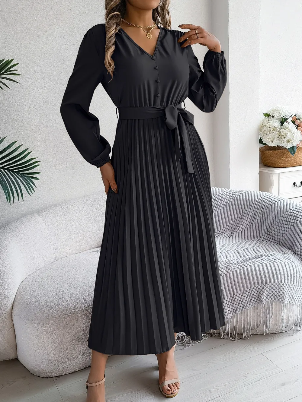 Pleated Tied V-Neck Long Sleeve Dress, image 27
